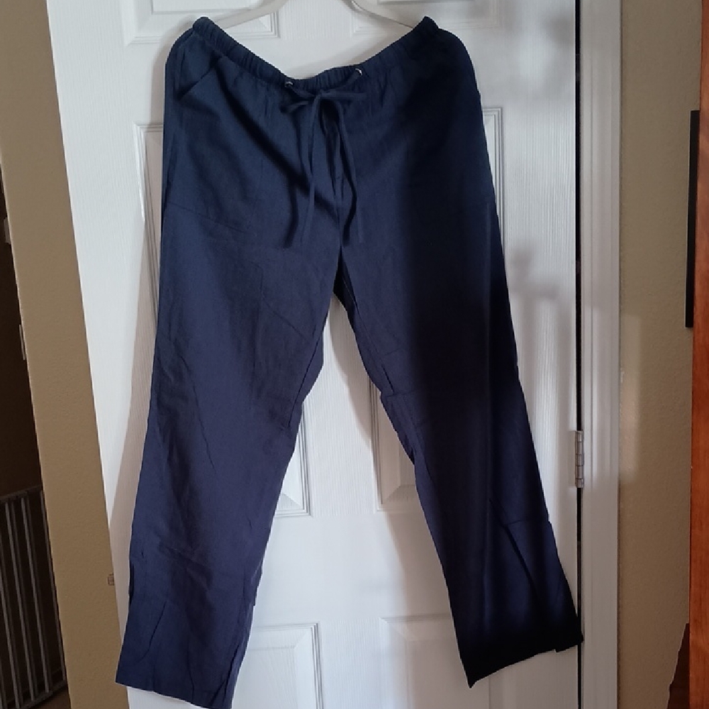 New! Women's Linen Blend Size Large Navy  Drawstring Pants (b333)